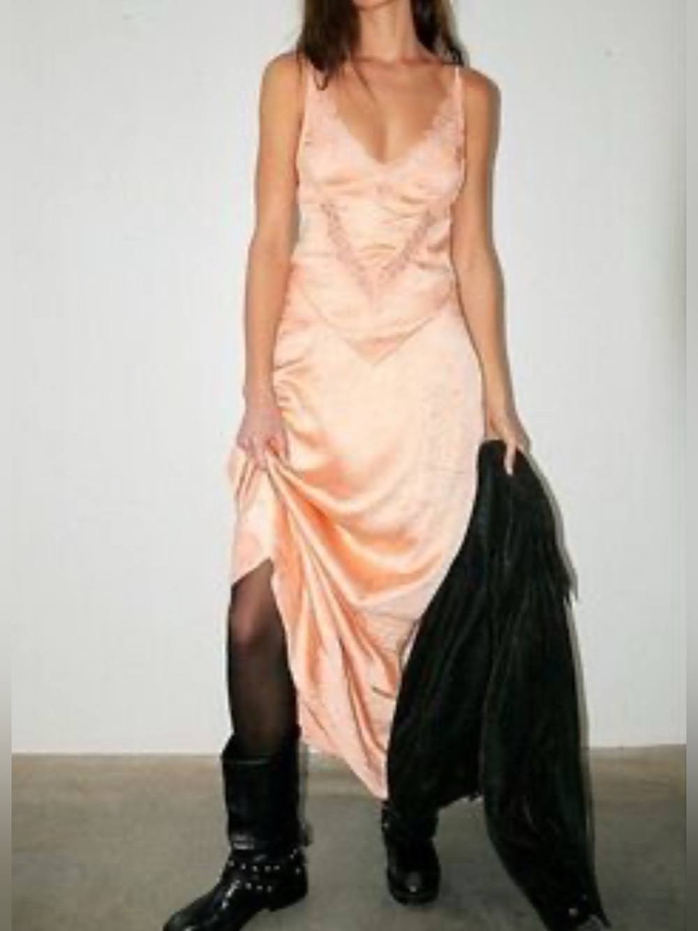 NWOT Free People Maybe Forever Maxi Dress Peach Crinkle Satin Lace V Neck Size 0